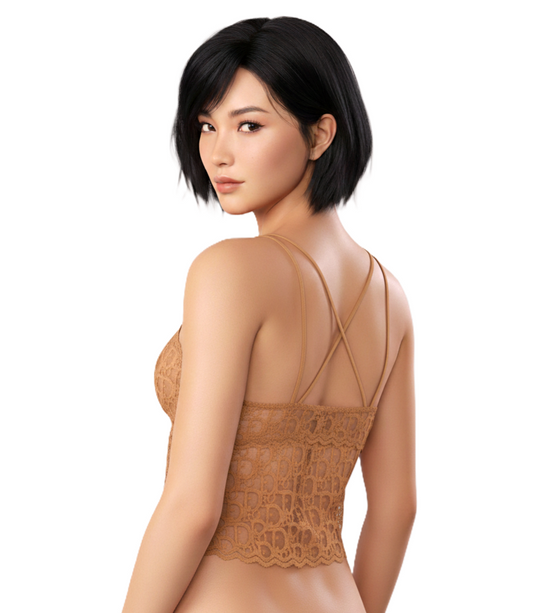 woman wearing a cocoa brown longline lace bralette on a white background