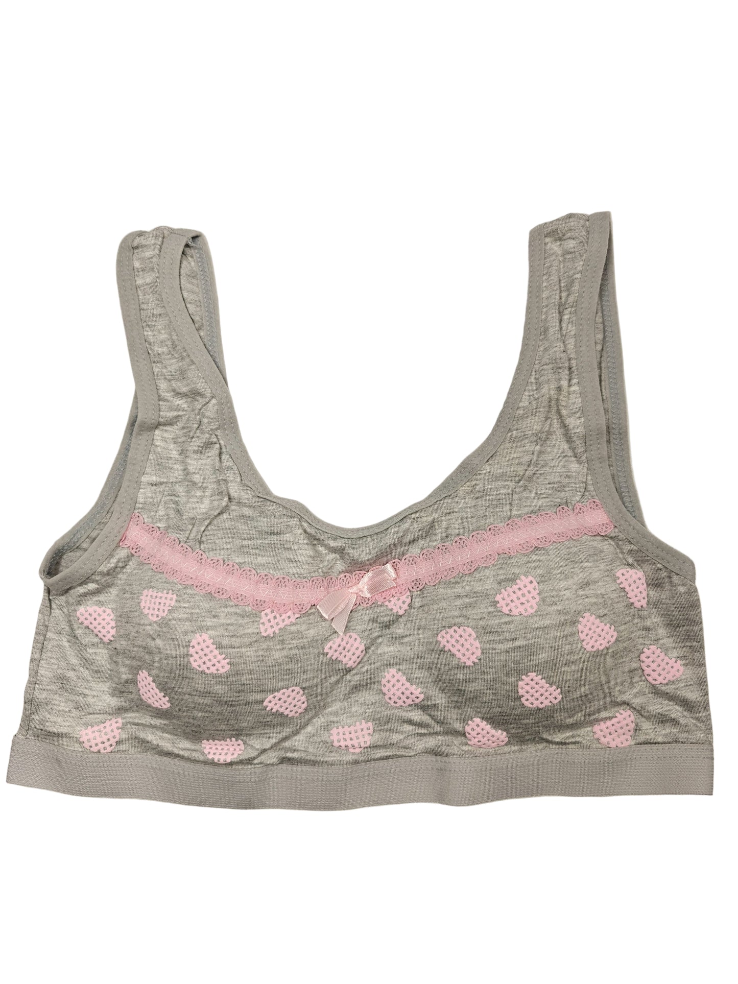 Gray bra with pink accents and heart patterns on a white background