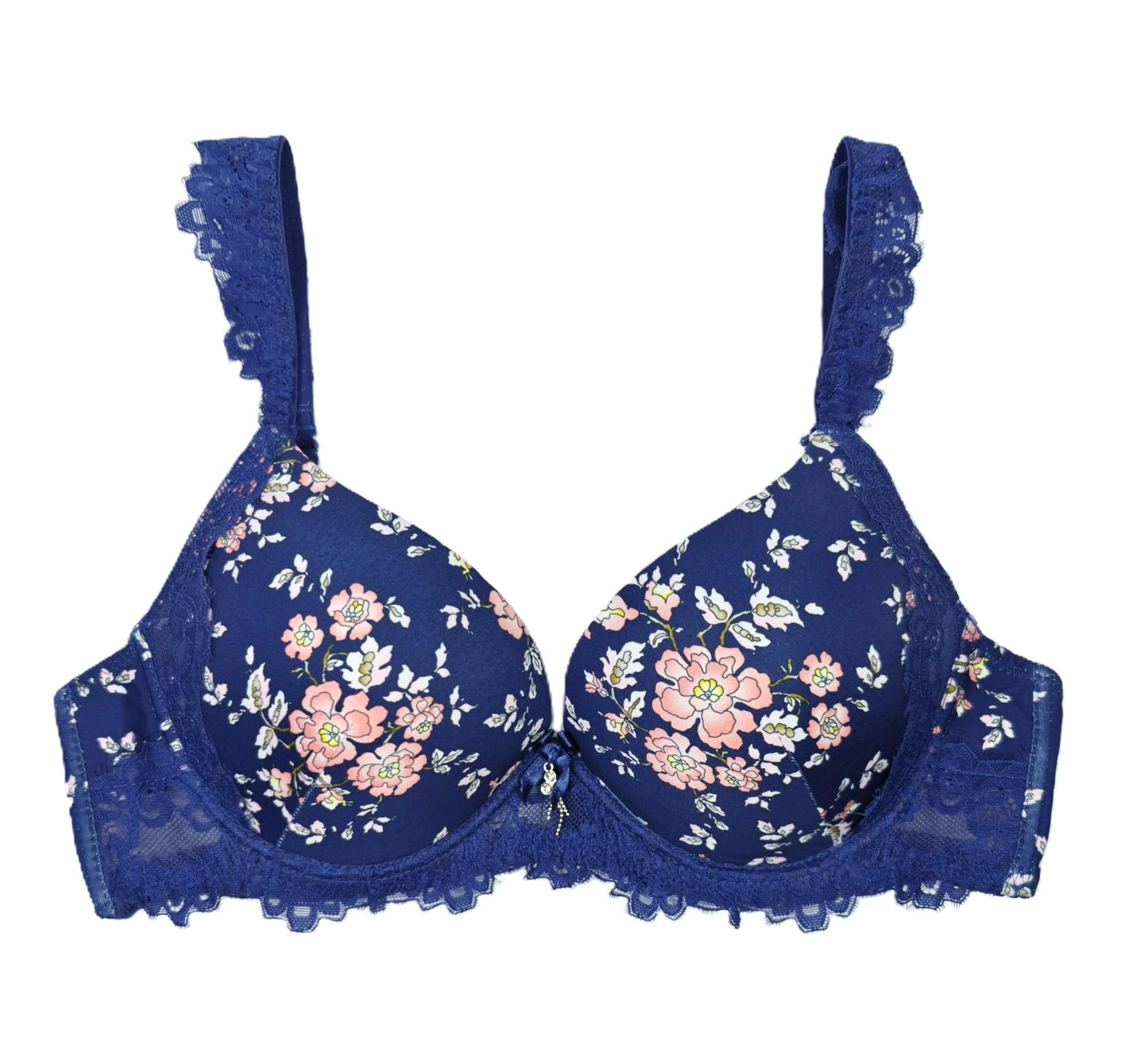 Blue Lace Trim Wired Full Cup Padded Bra & Panty