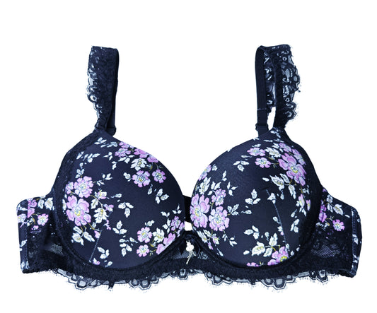 Black Lace Trim Wired Full Cup Padded Bra & Panty