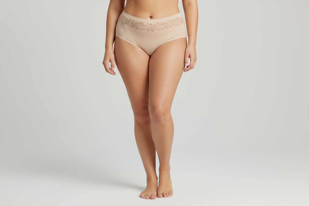 women wearing a seamless lasercut beige coloured panty