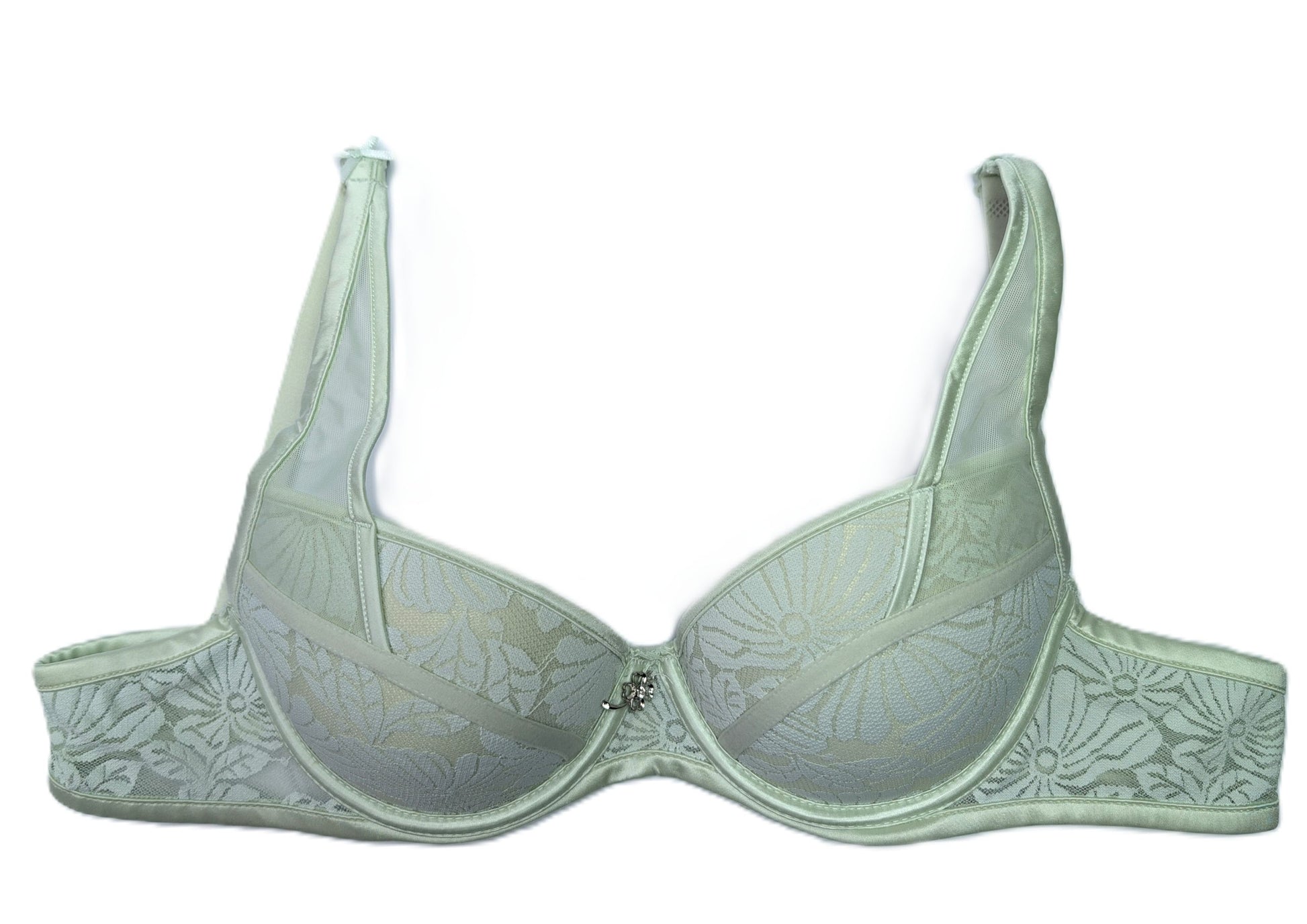 Light green bra with lace details on a white background