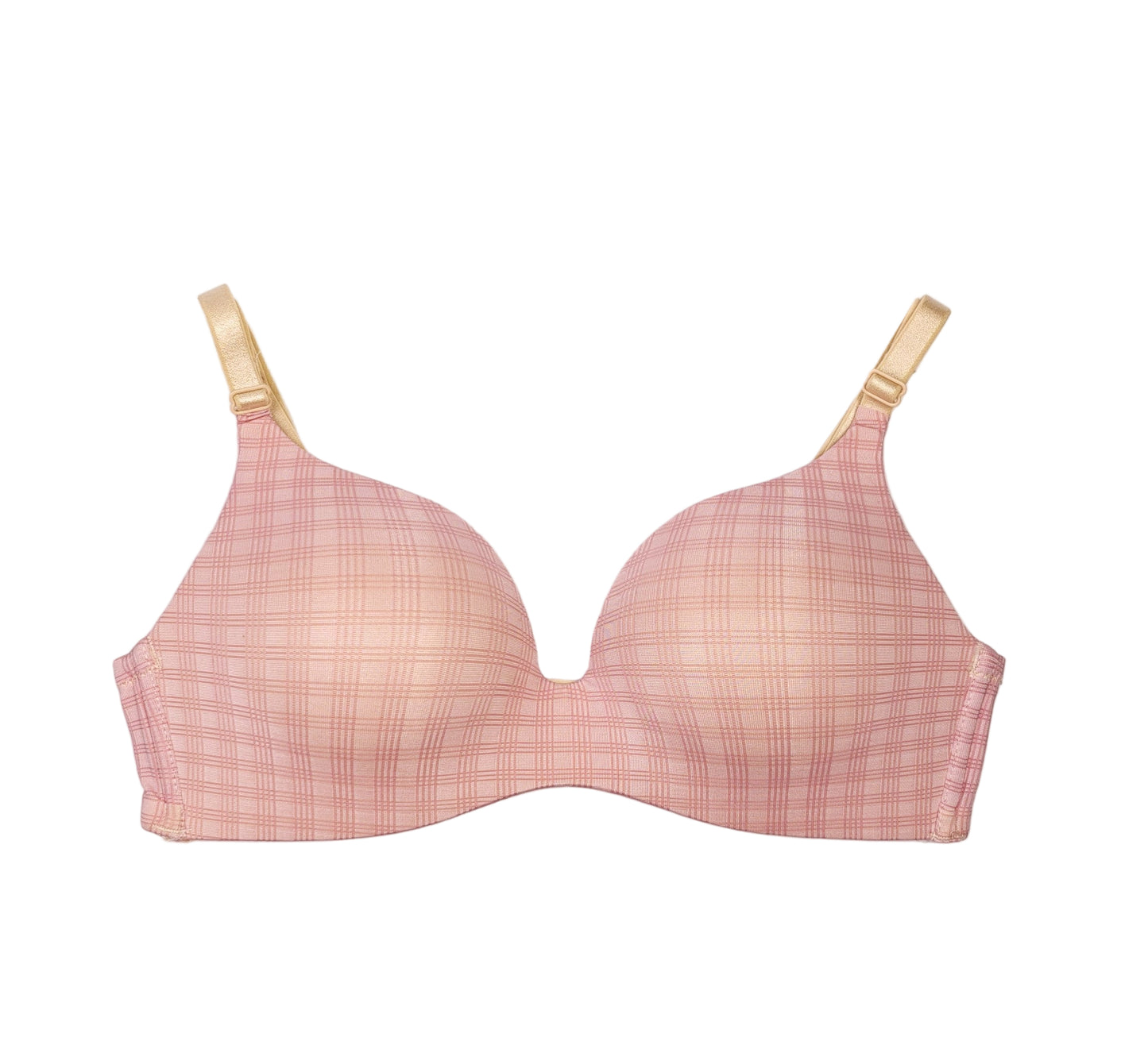 Pink checkered bra with gold straps on a white background