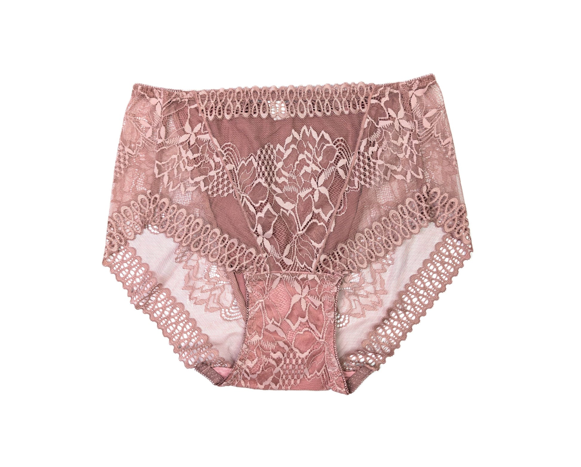 Pink lace underwear on a white background