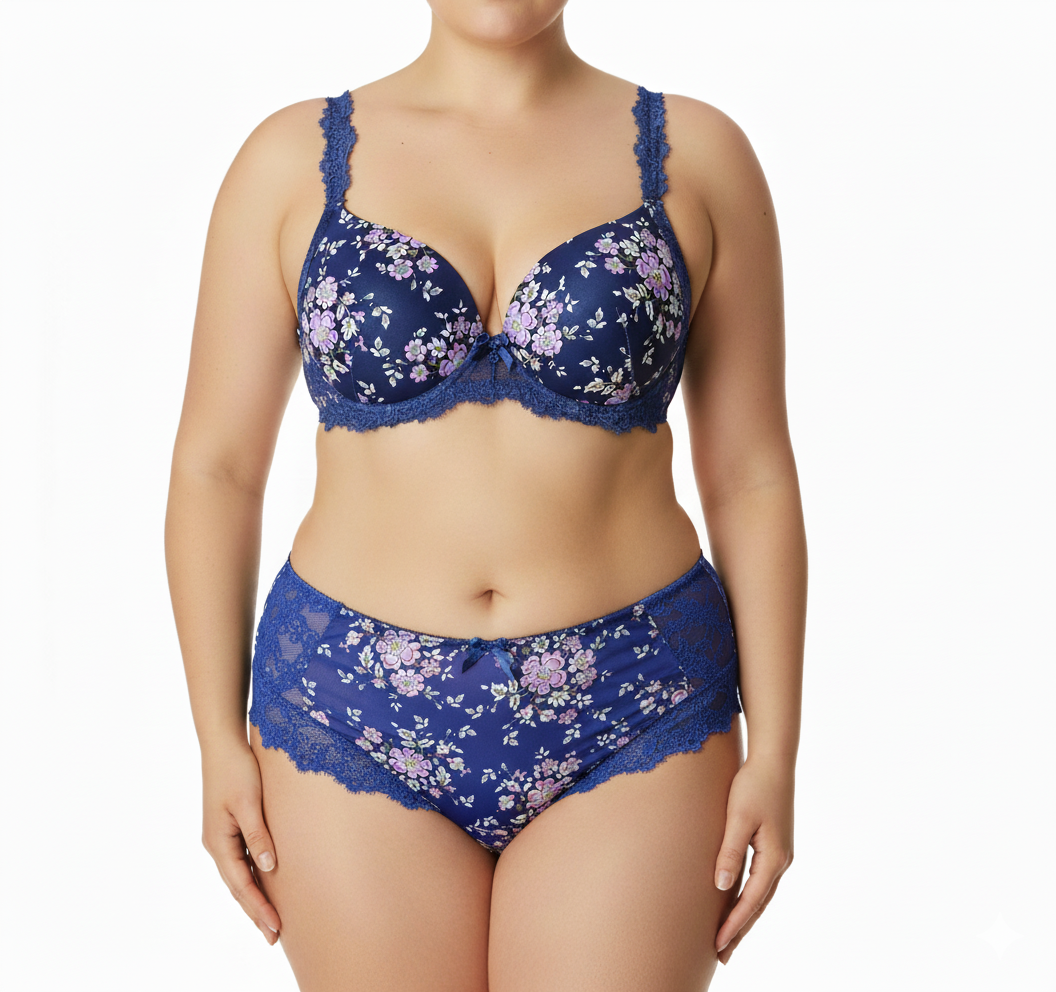 Blue Lace Trim Wired Full Cup Padded Bra & Panty