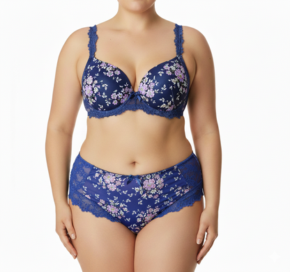 Blue Lace Trim Wired Full Cup Padded Bra & Panty