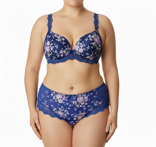 Blue Lace Trim Wired Full Cup Padded Bra & Panty