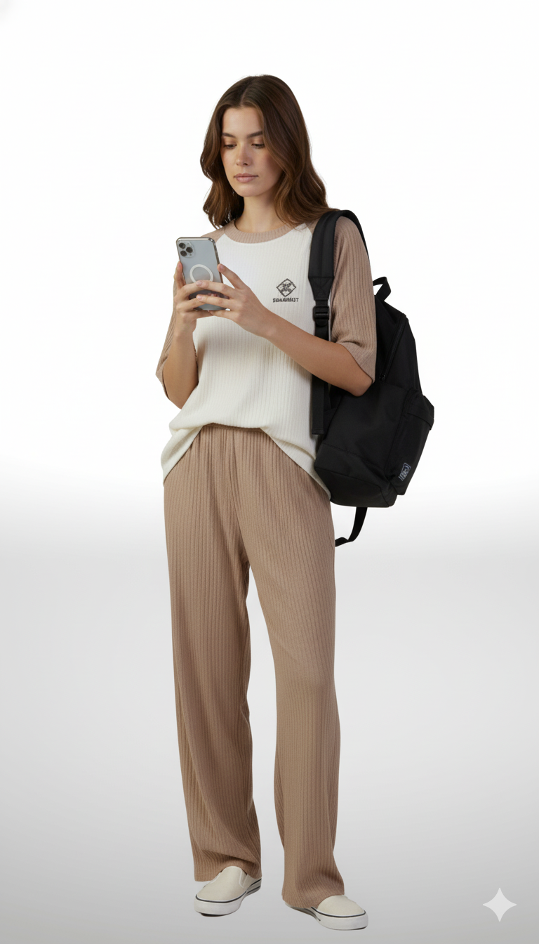 Woman wearing a white top, beige pants, and a black backpack on a white background