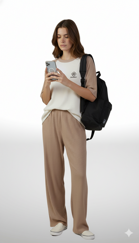 Woman wearing a white top, beige pants, and a black backpack on a white background