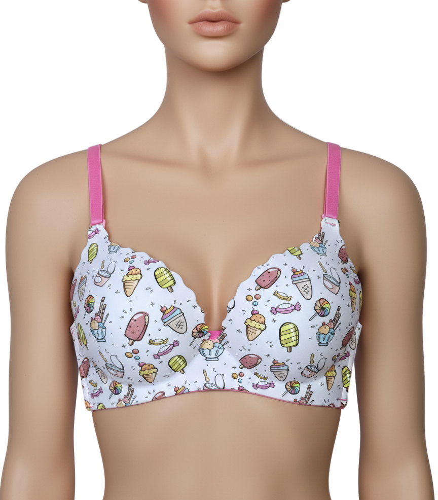 Mannequin wearing a colorful bra with pink straps on a plain background