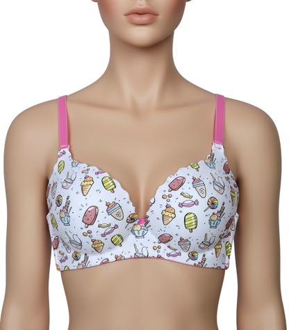 Mannequin wearing a colorful bra with pink straps on a plain background