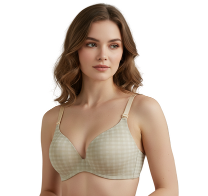woman wearing tea green bra on a white background