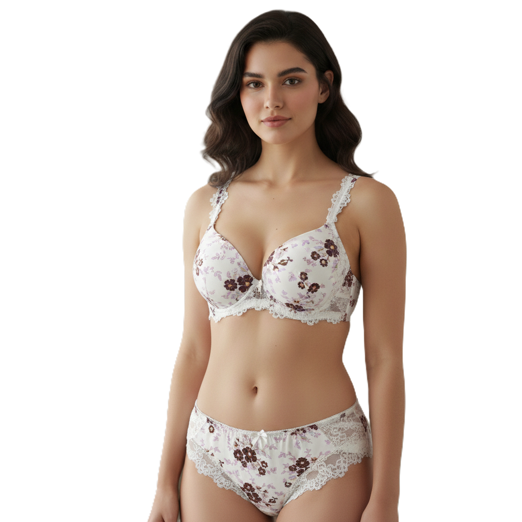 Woman wearing a floral lace bra and panties set on a white background