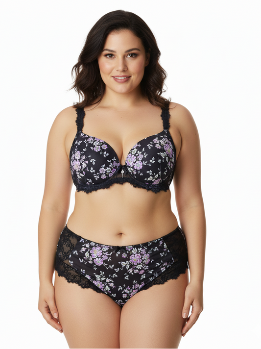 Woman wearing a floral lingerie set on a white background