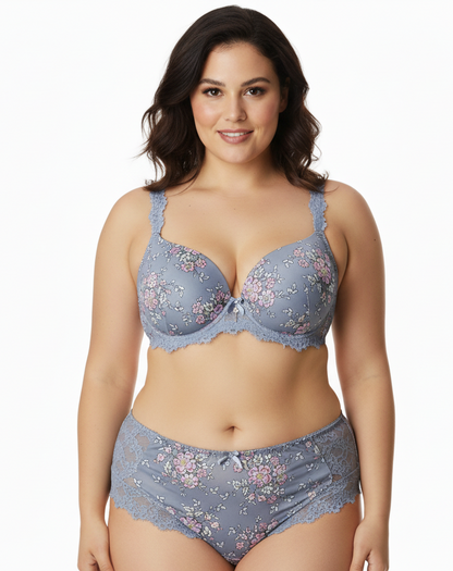 Soft Blue Lace Trim  Wired Full Cup Padded Bra & Panty