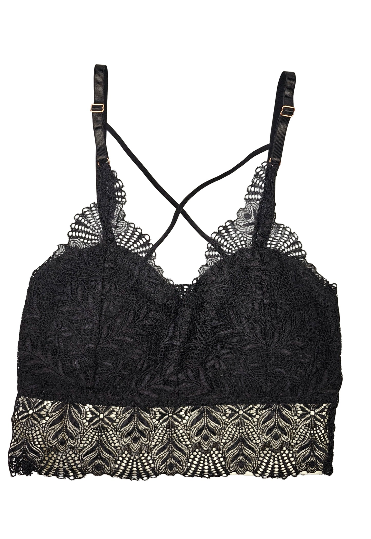 Black lace bralette on a white background