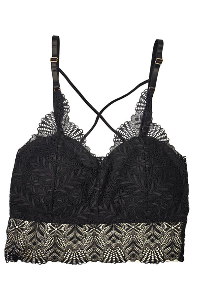 Black lace bralette on a white background