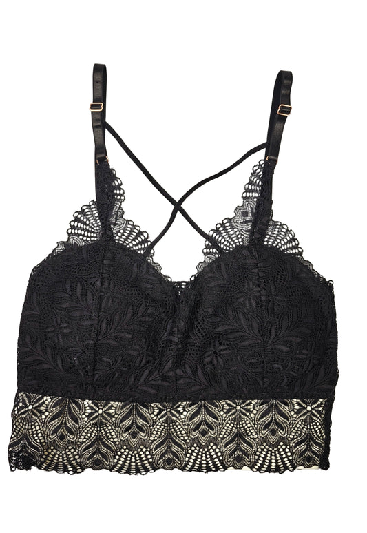 Black lace bralette on a white background