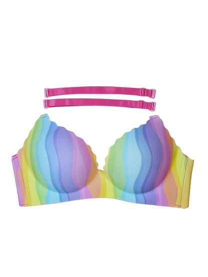 Rainbow striped bikini top on a white background