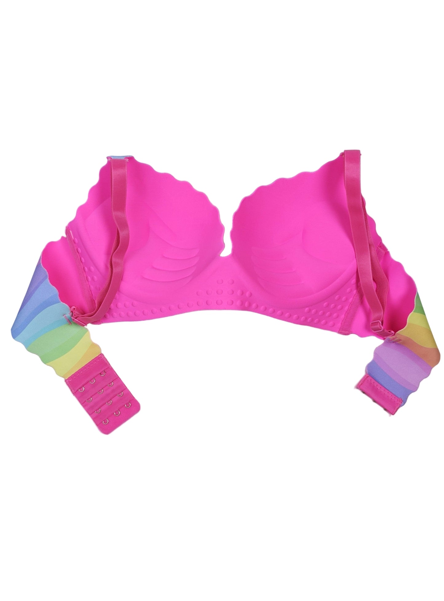 Rainbow striped bikini top on a white background