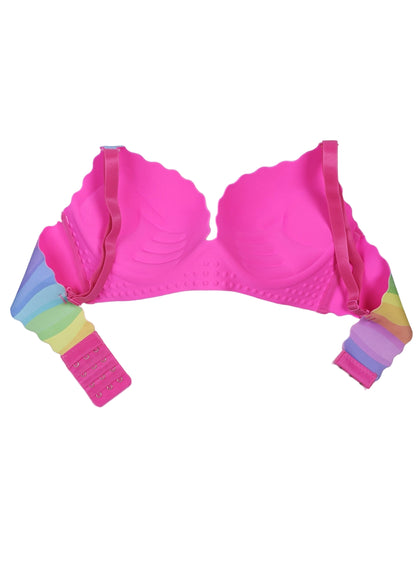 Rainbow striped bikini top on a white background