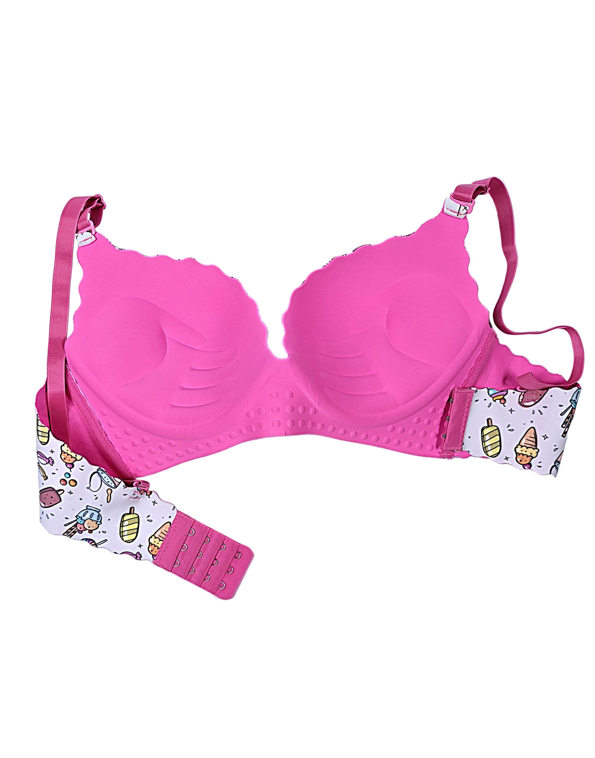 Pink bra with patterned straps on a light white background