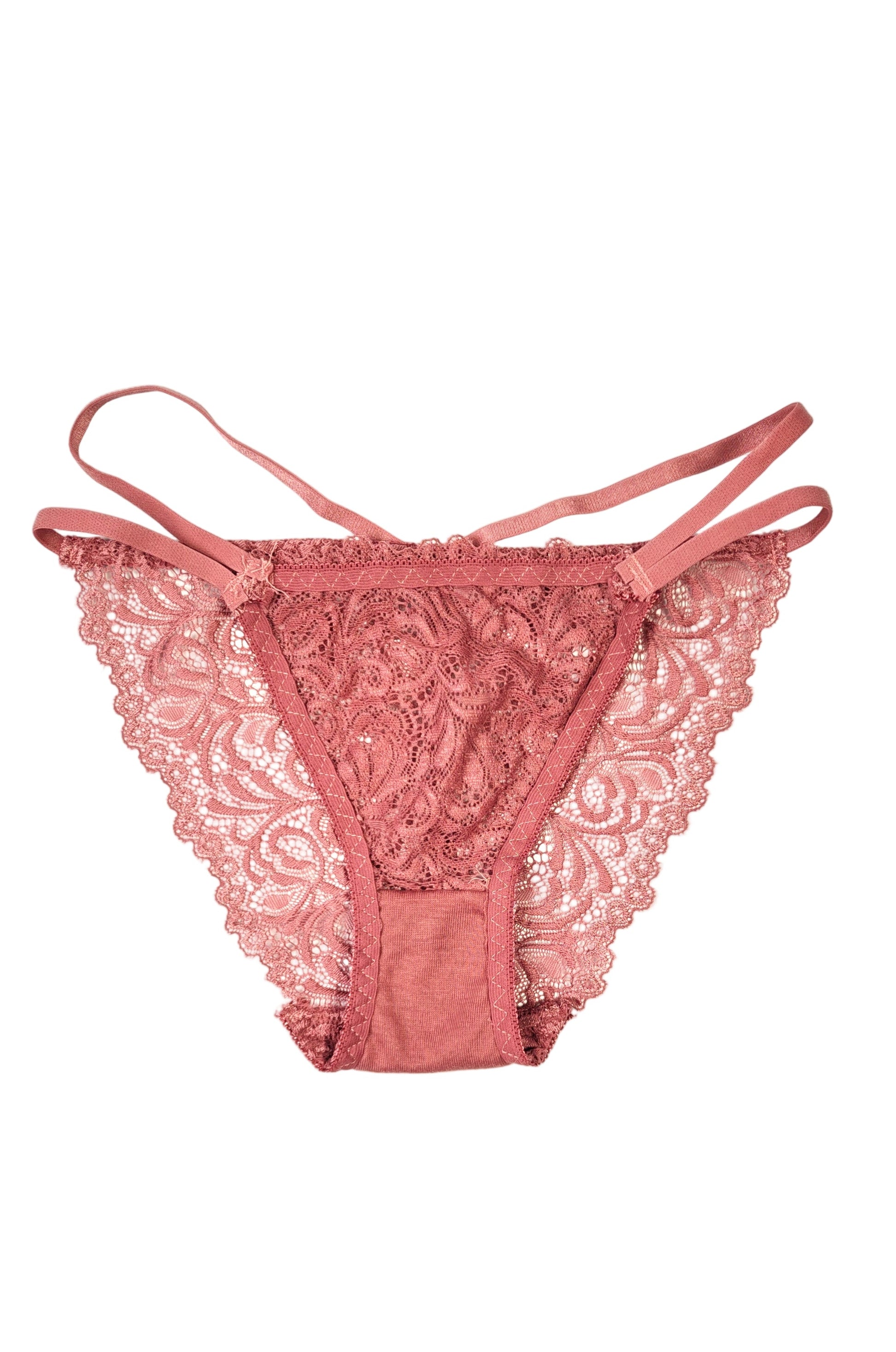 Pink lace bikni panty on a white background