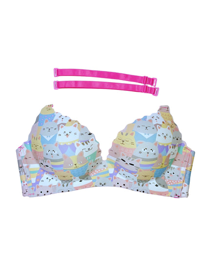 2 in 1 convertible Strapless bra with cat pattern on a white background