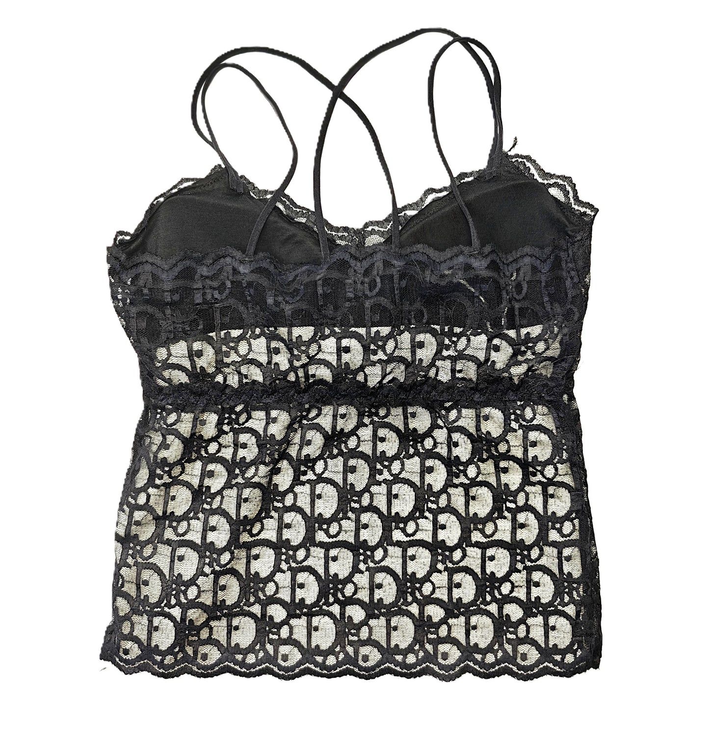 a black lace longline bralette on a white background