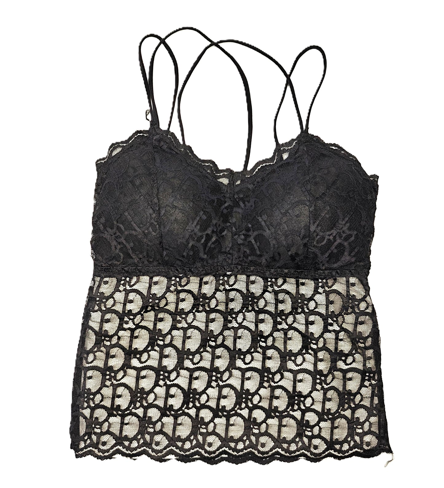 a black lace longline bralette on a white background
