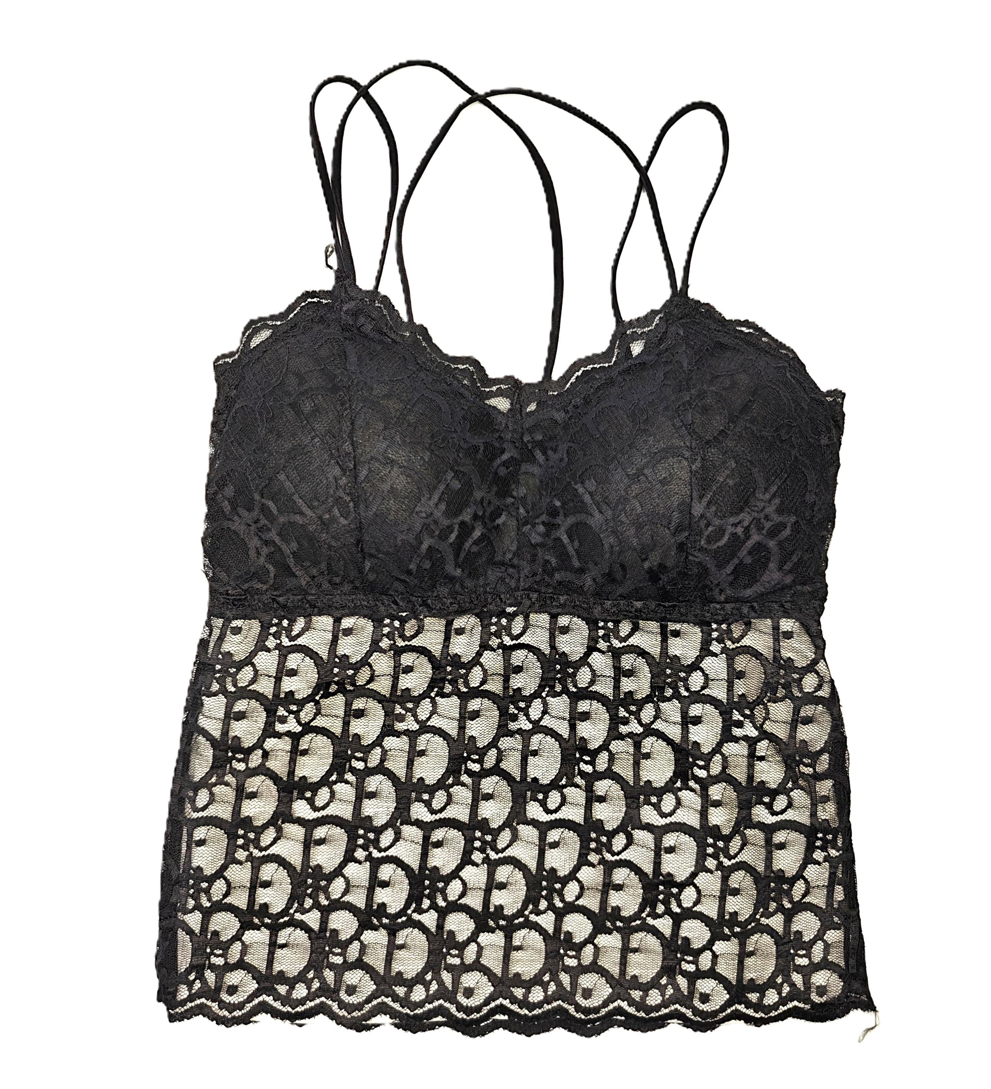 a black lace longline bralette on a white background