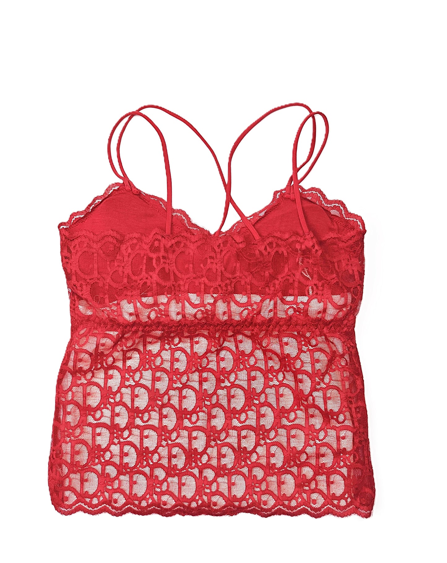 a red lace longline bralette on a white background