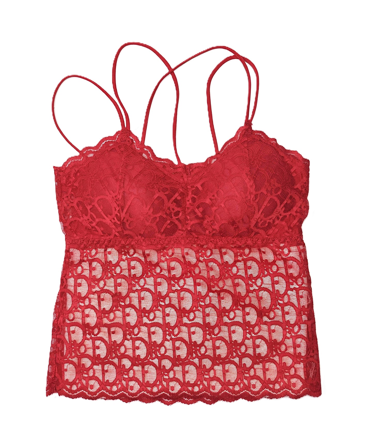 a red lace longline bralette on a white background