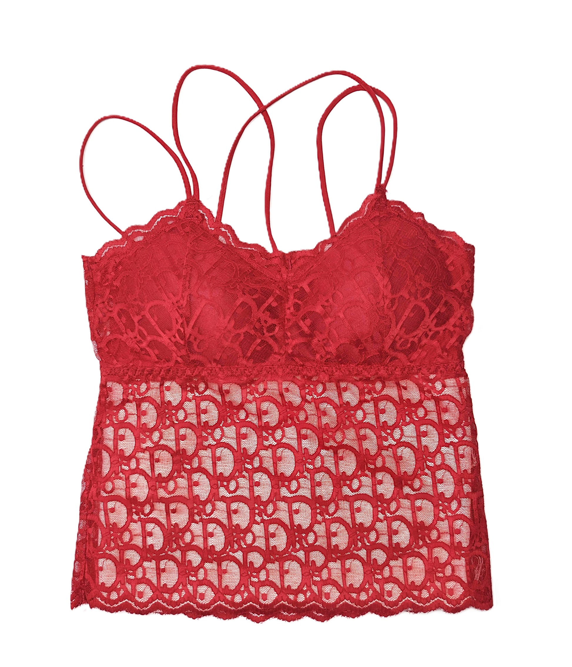 a red lace longline bralette on a white background