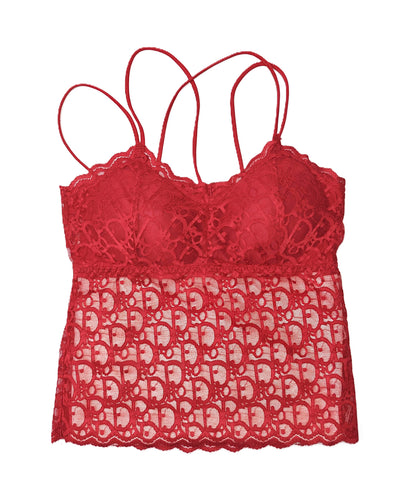 a red lace longline bralette on a white background
