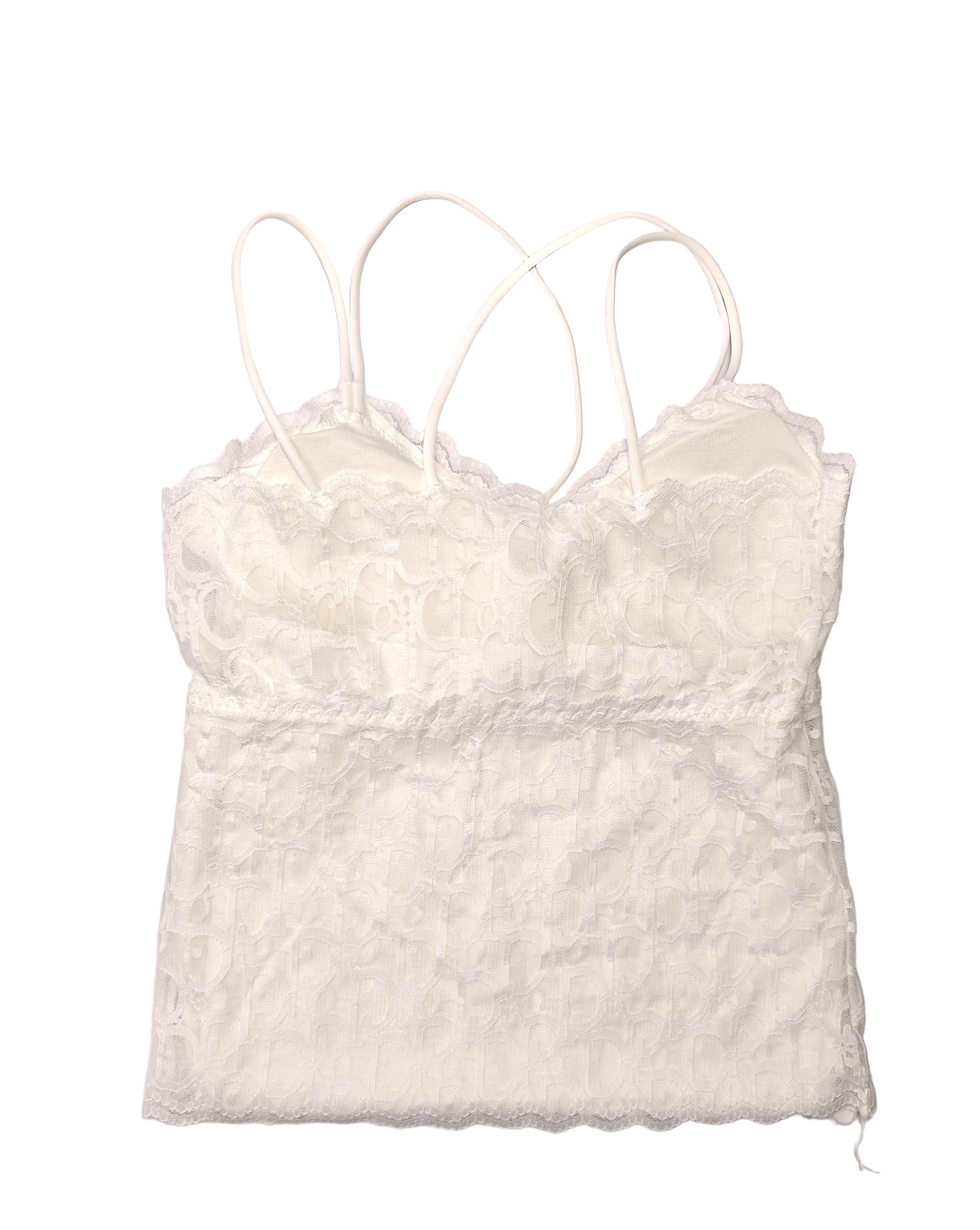 White lace longline bralette with thin straps on a white background