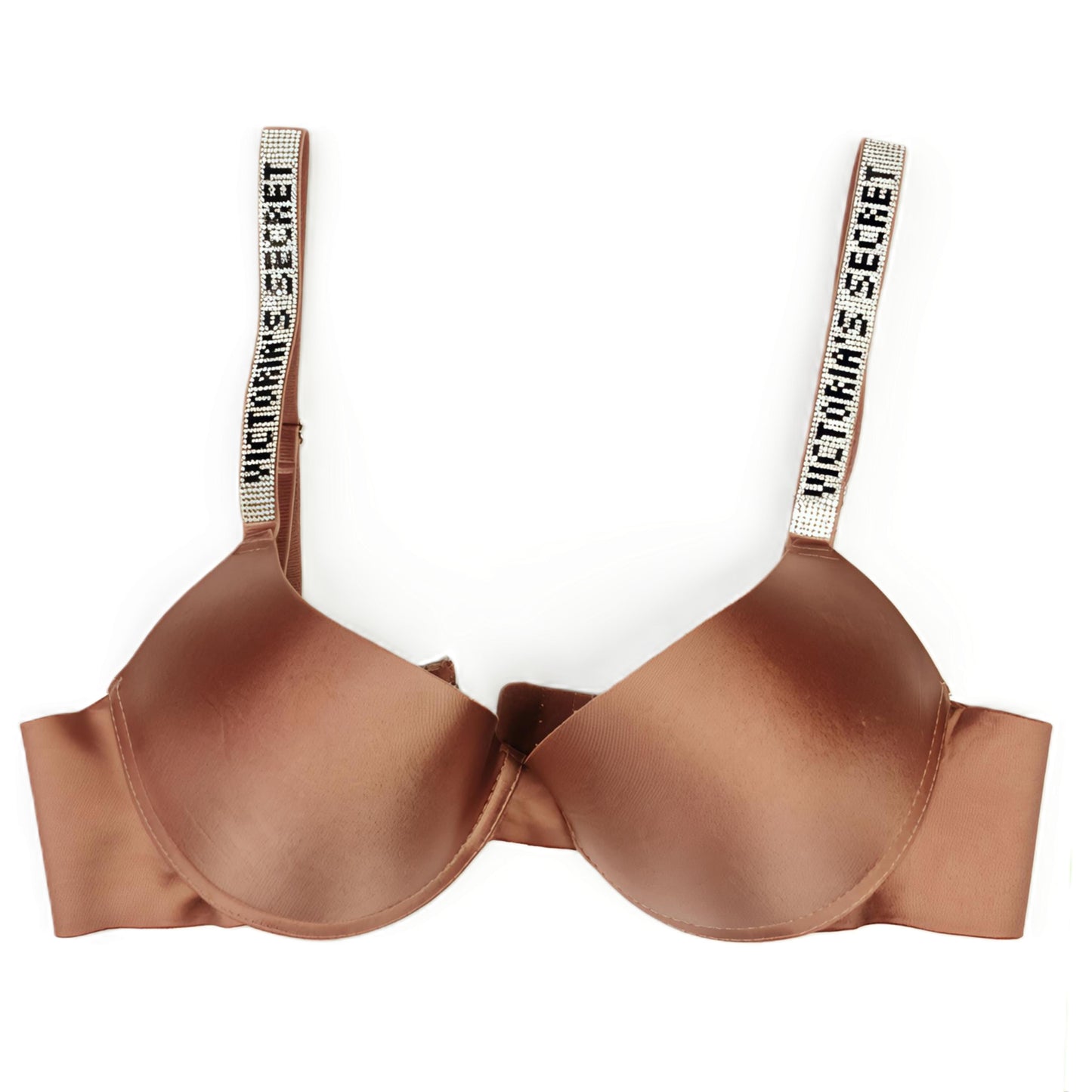Bronze bra with 'Victoria's Secret' straps on a white background