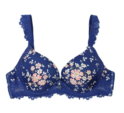 Blue Lace Trim Wired Full Cup Padded Bra & Panty