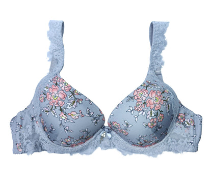 Soft Blue Lace Trim  Wired Full Cup Padded Bra & Panty