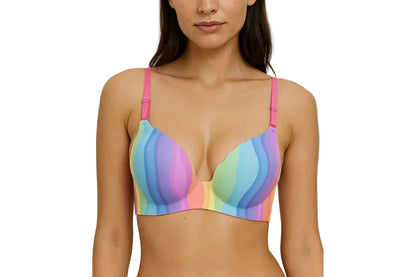 Rainbow Stripe Seamless Wireless Bra – Soft Padded Everyday Comfort with Scalloped Edges